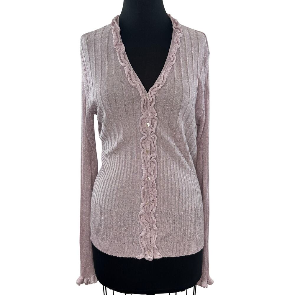 Anne Fontaine Light Pink Purple Metallic Cardigan Ruffle Trim Front Button Sz 46